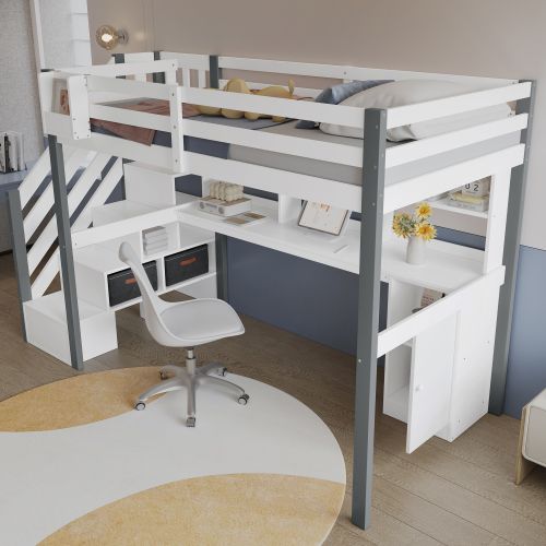 Lit Mezzanine 90x200 Cm, Lit Enfant Avec Bureau, Étagère Et Coffres En Tissu, Blanc Et Gris