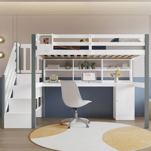 Lit Mezzanine 90x200 Cm, Lit Enfant Avec Bureau, Étagère Et Coffres En Tissu, Blanc Et Gris