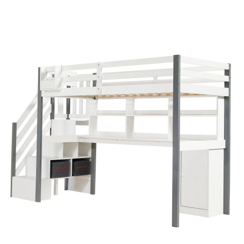 Lit Mezzanine 90x200 Cm, Lit Enfant Avec Bureau, Étagère Et Coffres En Tissu, Blanc Et Gris