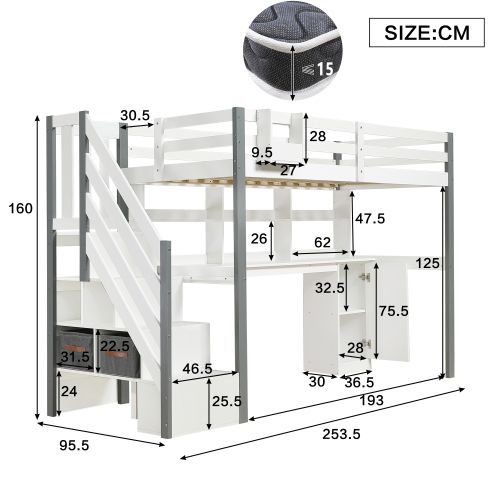 Lit Mezzanine 90x200 Cm, Lit Enfant Avec Bureau, Étagère Et Coffres En Tissu, Blanc Et Gris