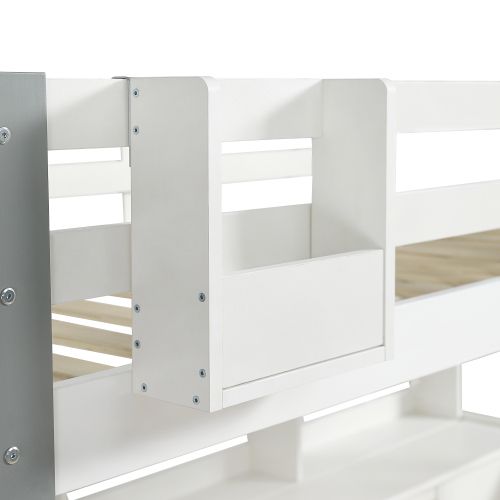 Lit Mezzanine 90x200 Cm, Lit Enfant Avec Bureau, Étagère Et Coffres En Tissu, Blanc Et Gris