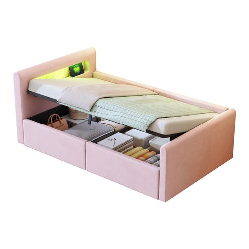 Lit Coffre Enfant 90x200cm, Tête De Lit Avec Niche LED Et USB, Velours, Rose
