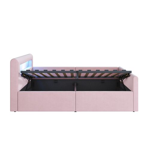 Lit Coffre Enfant 90x200cm, Tête De Lit Avec Niche LED Et USB, Velours, Rose