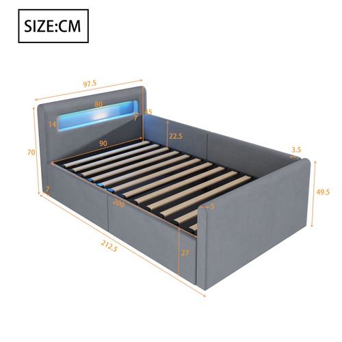 Lit Coffre Enfant 90x200cm, Tête De Lit Avec Niche LED Et USB, Velours, Gris Clair