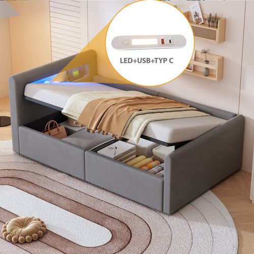 Lit Coffre Enfant 90x200cm, Tête De Lit Avec Niche LED Et USB, Velours, Gris Clair
