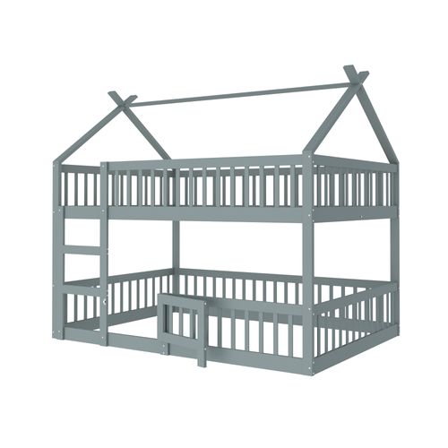 Lit Superposé Cabane 140x200cm En Bois Avec Barrières Et Petite Porte, Gris