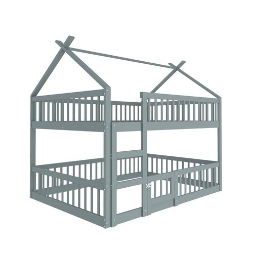 Lit Superposé Cabane 140x200cm En Bois Avec Barrières Et Petite Porte, Gris