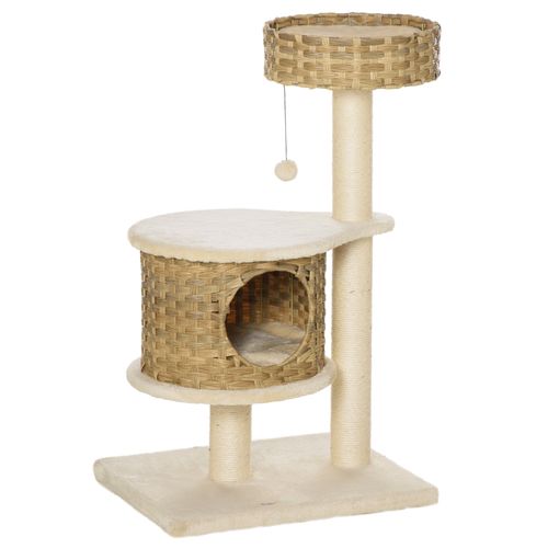 Arbre à Chat 95cm Avec Griffoir Et Niche, Tour De Jeux Et Maison Pour Chat, Couleur Bois Et Beige