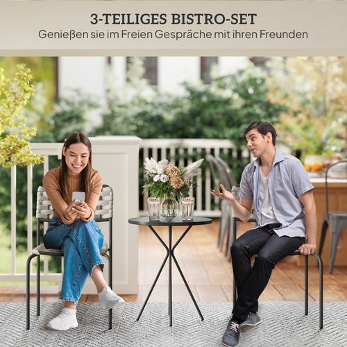 Ensemble Bistro 3 Pièces, Table Ronde + 2 Chaises Empilables Gris, En Corde Tressée