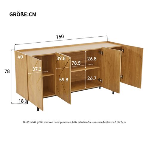 Buffet 160x40x78cm, 4 Portes, Cloisons Réglables, Panneaux De Particules, Couleur Bois
