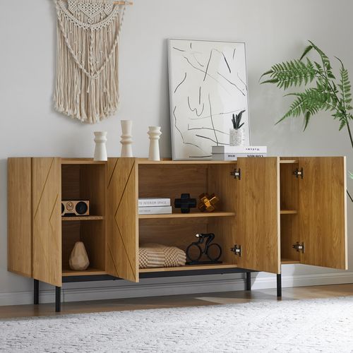 Buffet 160x40x78cm, 4 Portes, Cloisons Réglables, Panneaux De Particules, Couleur Bois