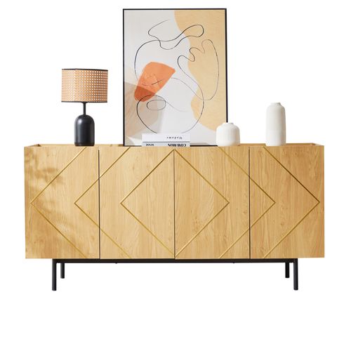 Buffet 160x40x78cm, 4 Portes, Cloisons Réglables, Panneaux De Particules, Couleur Bois