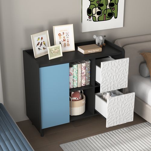 Buffet 90x40x80cm, 1 Porte Bleue, 2 Tiroirs Blancs, 2 Niches, Mdf, Noir