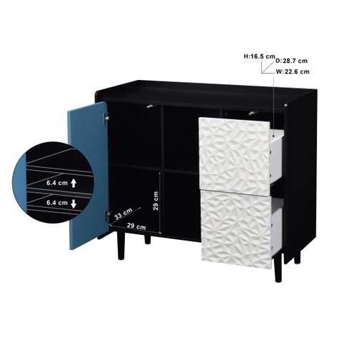 Buffet 90x40x80cm, 1 Porte Bleue, 2 Tiroirs Blancs, 2 Niches, Mdf, Noir