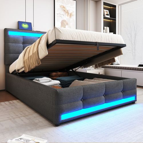 Lit Coffre Enfant 90x200cm En Tissu Lin Avec Sommier à Lattes, USB+led, Gris