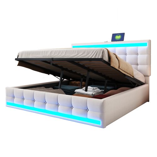 Lit Coffre Adulte 180x200cm En Tissu Lin Avec Sommier à Lattes, USB+led, Beige