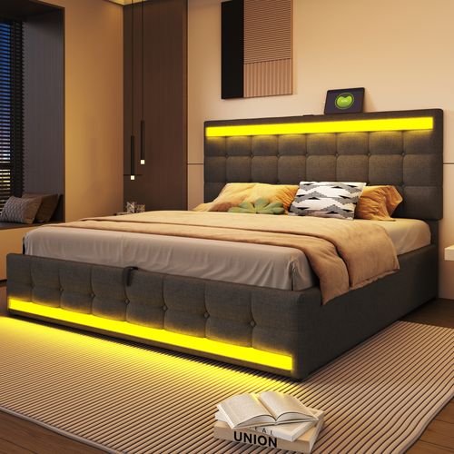 Lit Coffre Adulte 180x200cm En Tissu Lin Avec Sommier à Lattes, USB+led, Gris