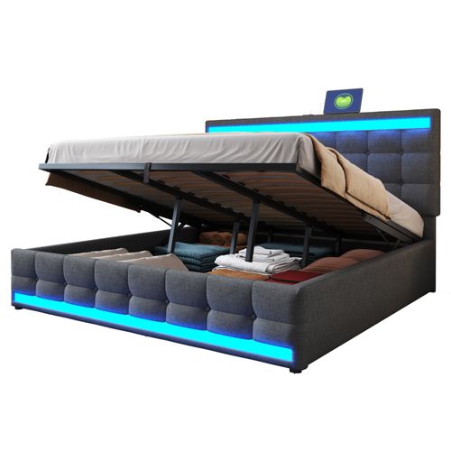Lit Coffre Adulte 180x200cm En Tissu Lin Avec Sommier à Lattes, USB+led, Gris