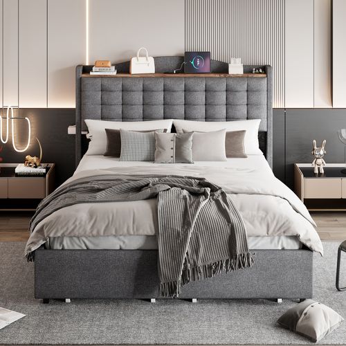 Lit Adulte 140x200cm En Tissu Lin Avec 4 Tiroirs De Rangement, USB, Sommier à Lattes, Gris