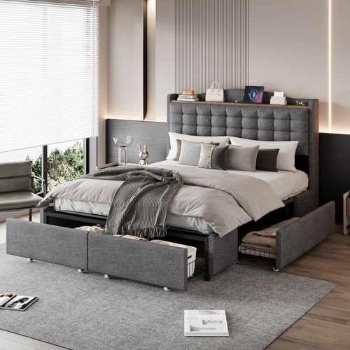 Lit Adulte 140x200cm En Tissu Lin Avec 4 Tiroirs De Rangement, USB, Sommier à Lattes, Gris