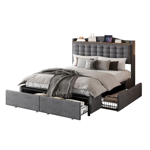 Lit Adulte 140x200cm En Tissu Lin Avec 4 Tiroirs De Rangement, USB, Sommier à Lattes, Gris