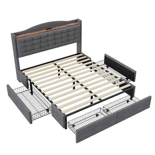Lit Adulte 140x200cm En Tissu Lin Avec 4 Tiroirs De Rangement, USB, Sommier à Lattes, Gris
