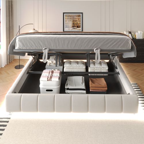 Lit Coffre Adulte 180x200cm En Velours Beige Avec LED, Lit Avec Rangement