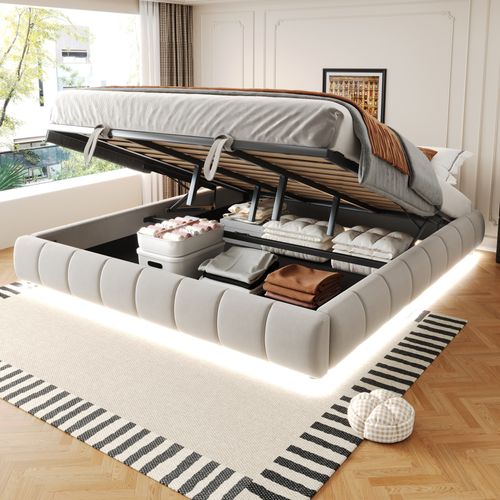 Lit Coffre Adulte 180x200cm En Velours Beige Avec LED, Lit Avec Rangement