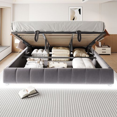 Lit Coffre Adulte 180x200cm En Velours Gris Avec LED, Lit Avec Rangement