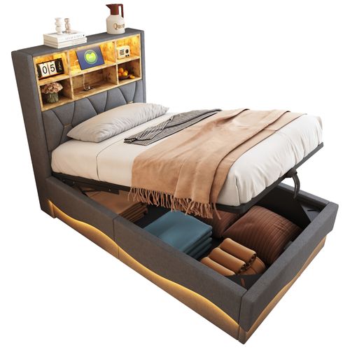 Lit Coffre Enfant 90x200cm Gris En Lin Avec LED Et USB, Tête De Lit Avec Compartiment De Rangement