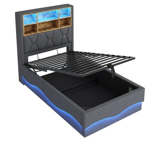 Lit Coffre Enfant 90x200cm Gris En Lin Avec LED Et USB, Tête De Lit Avec Compartiment De Rangement