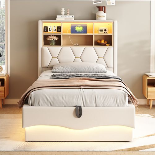 Lit Coffre Adulte 90x200cm Beige En Lin Avec LED Et USB, Tête De Lit Avec Compartiment De Rangement