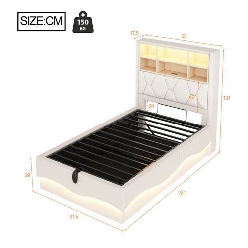 Lit Coffre Adulte 90x200cm Beige En Lin Avec LED Et USB, Tête De Lit Avec Compartiment De Rangement