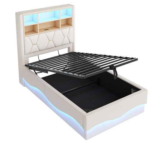 Lit Coffre Adulte 90x200cm Beige En Lin Avec LED Et USB, Tête De Lit Avec Compartiment De Rangement