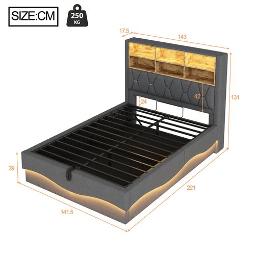 Lit Coffre Adulte 140x200cm Gris En Lin Avec LED Et USB, Tête De Lit Avec Compartiment De Rangement