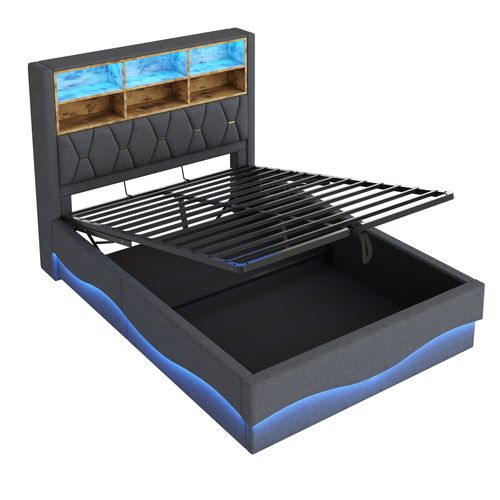 Lit Coffre Adulte 140x200cm Gris En Lin Avec LED Et USB, Tête De Lit Avec Compartiment De Rangement