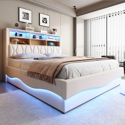 Lit Coffre Adulte 180x200cm Beige En Lin Avec LED+usb, Tête De Lit Avec Compartiment De Rangement