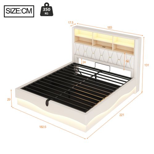 Lit Coffre Adulte 180x200cm Beige En Lin Avec LED+usb, Tête De Lit Avec Compartiment De Rangement