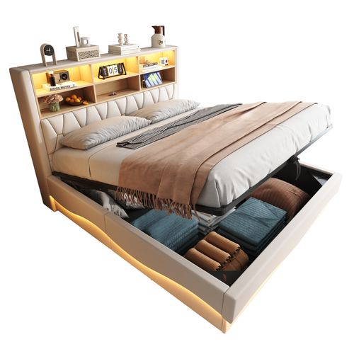 Lit Coffre Adulte 180x200cm Beige En Lin Avec LED+usb, Tête De Lit Avec Compartiment De Rangement