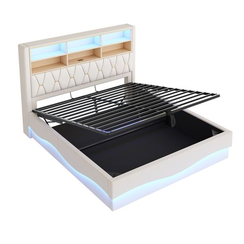 Lit Coffre Adulte 180x200cm Beige En Lin Avec LED+usb, Tête De Lit Avec Compartiment De Rangement