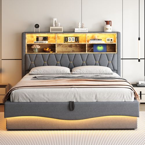 Lit Coffre Adulte 180x200cm Gris En Lin Avec LED Et USB, Tête De Lit Avec Compartiment De Rangement