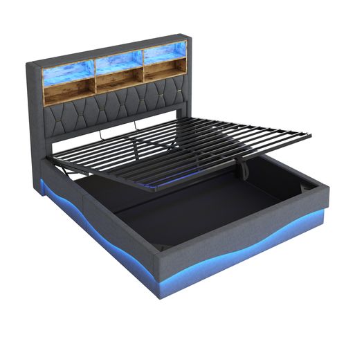 Lit Coffre Adulte 180x200cm Gris En Lin Avec LED Et USB, Tête De Lit Avec Compartiment De Rangement