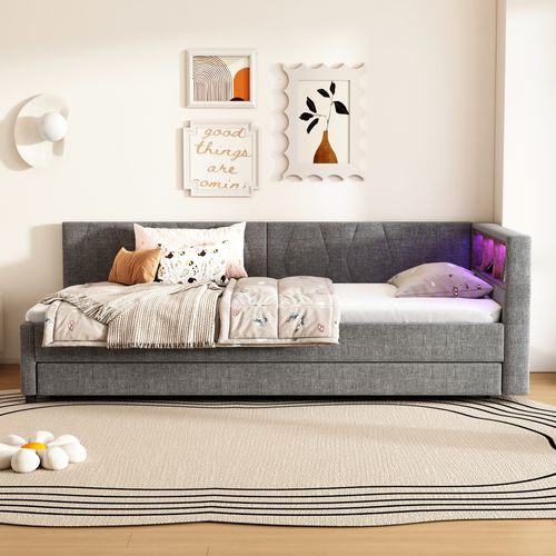 Lit Enfant 90x200cm Avec Lit Gigogne 90x190cm Gris En Lin, Sommier à Lattes, USB+ Type C, LED