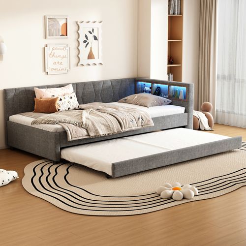 Lit Enfant 90x200cm Avec Lit Gigogne 90x190cm Gris En Lin, Sommier à Lattes, USB+ Type C, LED