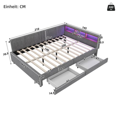 Lit Adulte 140x200 Cm En  Tissu Lin Avec 2 Tiroirs De Rangement, LED, USB + Type C,  Gris