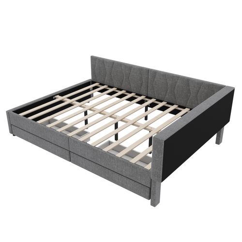 Lit Adulte 140x200 Cm En  Tissu Lin Avec 2 Tiroirs De Rangement, LED, USB + Type C,  Gris