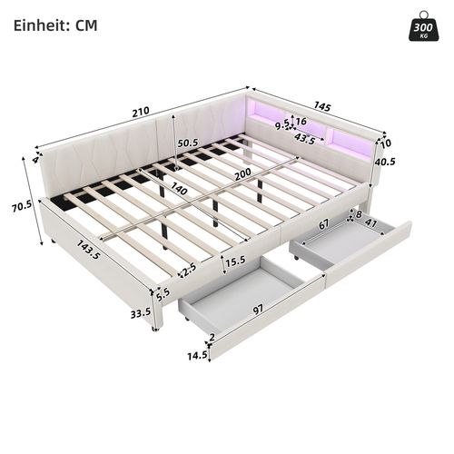 Lit Adulte 140x200 Cm En Tissu Lin Avec 2 Tiroirs De Rangement, LED, USB + Type C, Beige