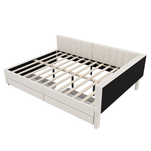 Lit Adulte 140x200 Cm En Tissu Lin Avec 2 Tiroirs De Rangement, LED, USB + Type C, Beige