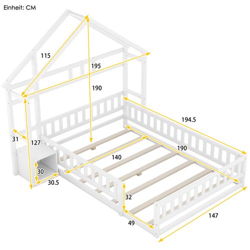 Lit Cabane Enfant En Bois 140x190cm Blanc, Tête De Lit Compartiment De Rangement, Sommier à Lattes
