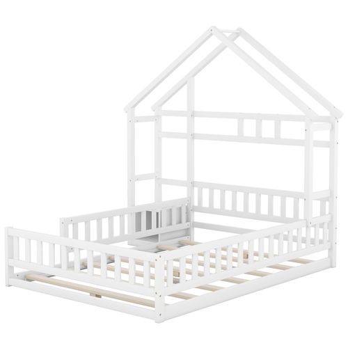 Lit Cabane Enfant En Bois 140x190cm Blanc, Tête De Lit Compartiment De Rangement, Sommier à Lattes